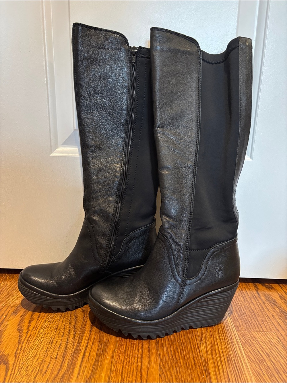 Fly London Black Leather Wedge Knee-High Boots